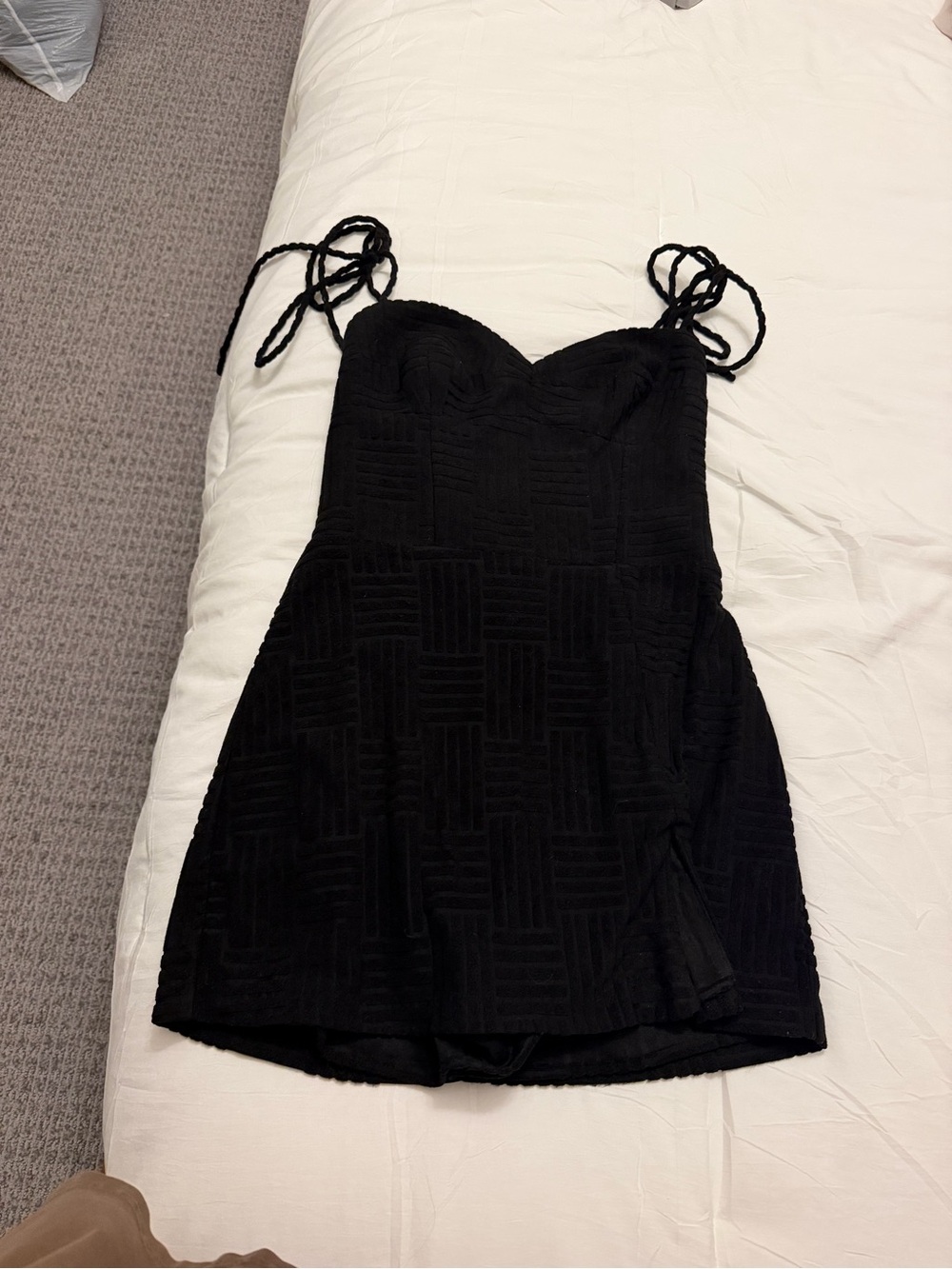 Amanda Uprichard Black Textured Romper with Tie Straps